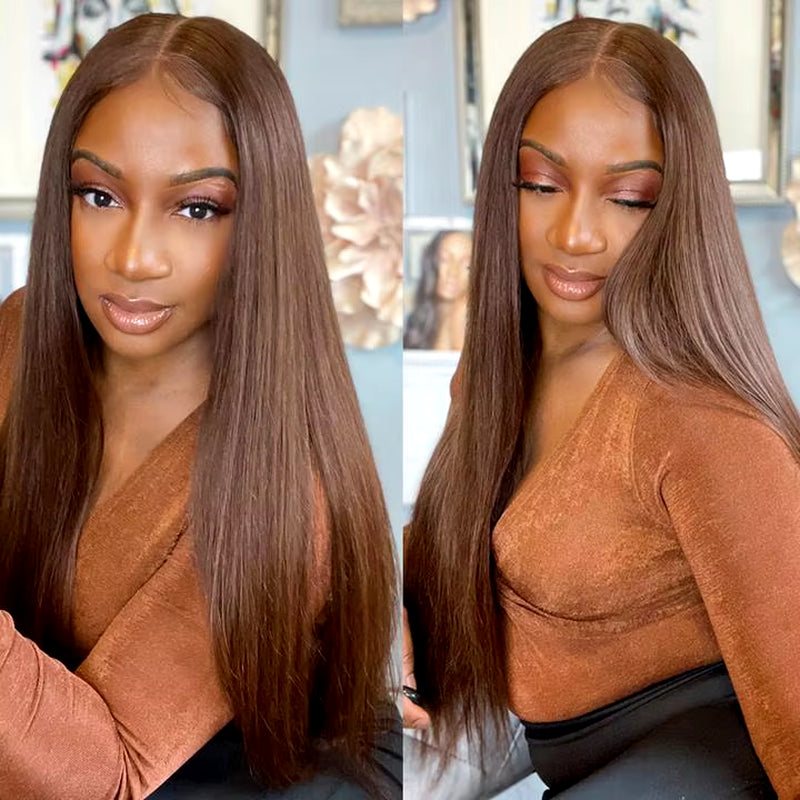 Chocolate Brown Straight Lace Front Human Hair Wigs for Women 13X4 Lace Frontal Wig #4 Brown Colored 4X4 Lace Closure Wig 180%