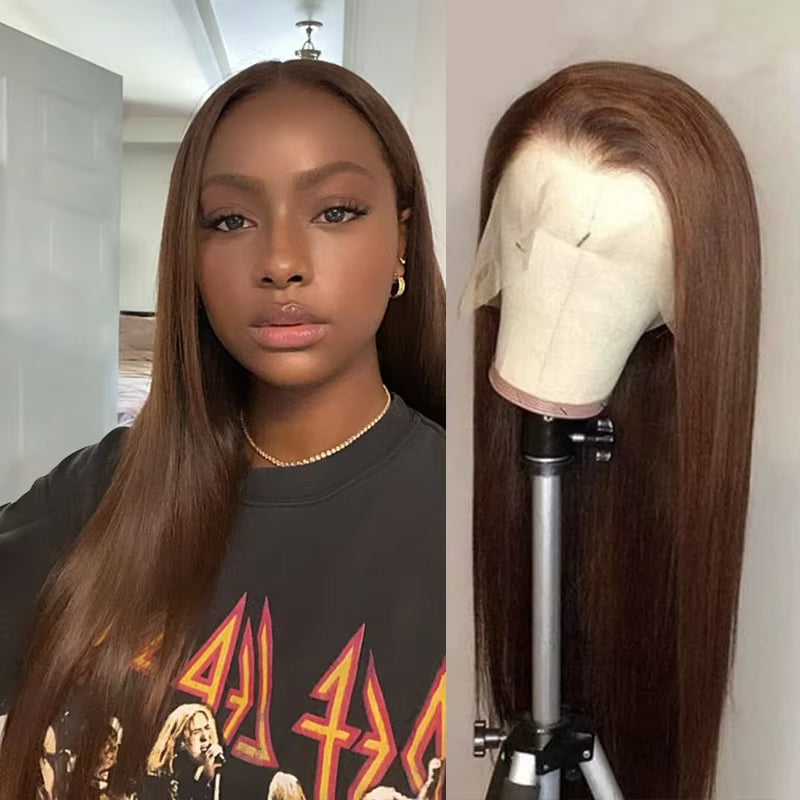 Chocolate Brown Straight Lace Front Human Hair Wigs for Women 13X4 Lace Frontal Wig #4 Brown Colored 4X4 Lace Closure Wig 180%