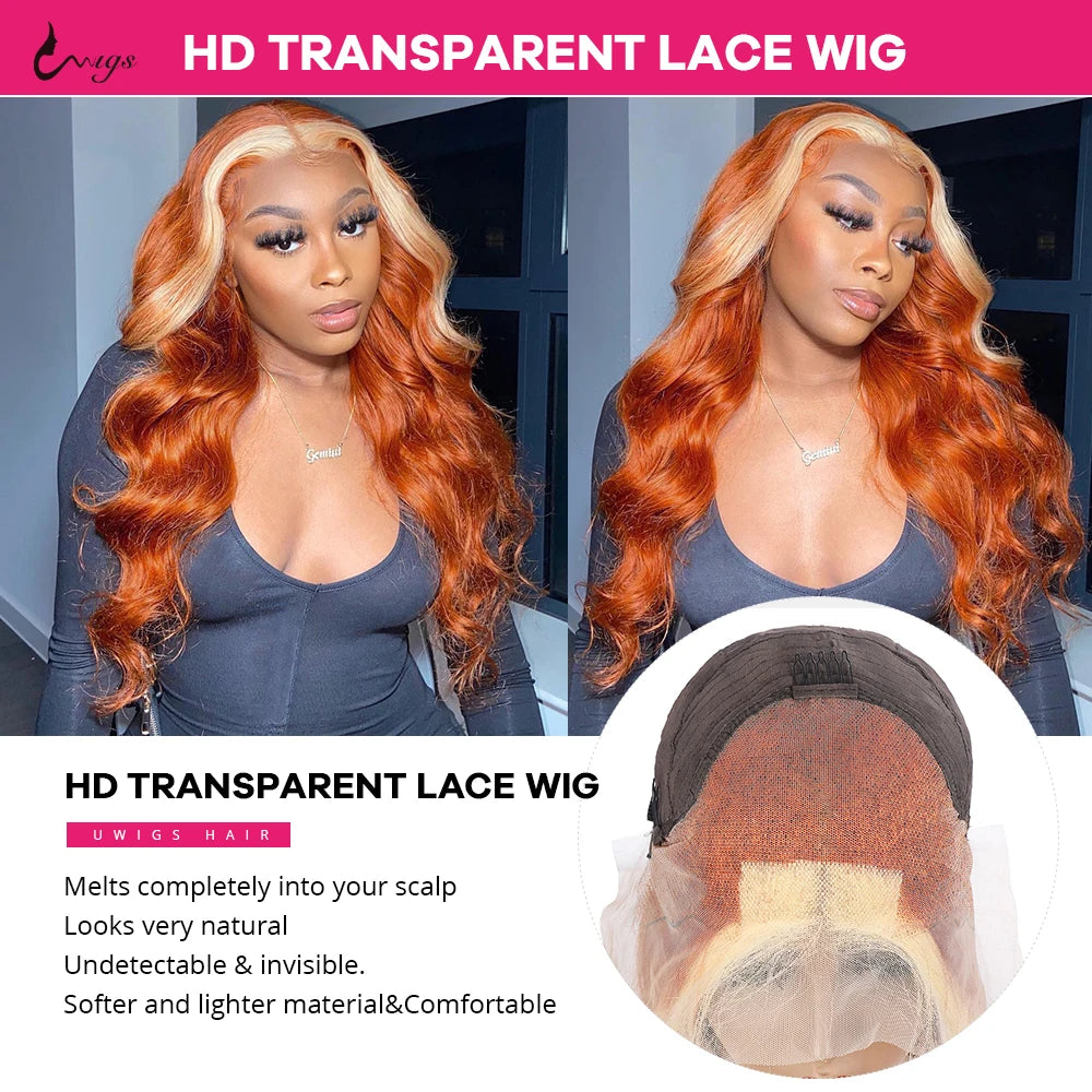 13X4 Colored Human Hair Wigs Orange Ginger Lace Front Wig 613 Blonde Body Wave Lace Front Wig Transparent Lace Frontal Wig